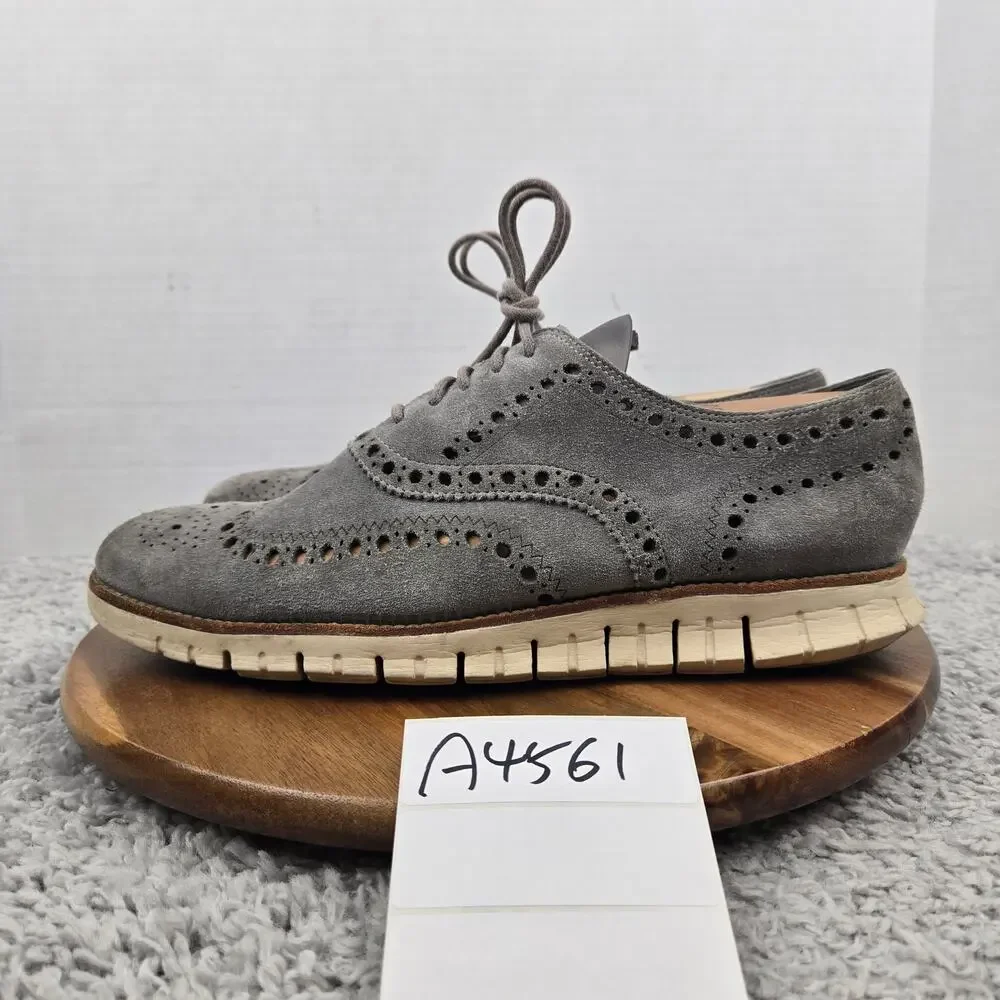 Cole Haan Mens 10.5M ZeroGrand Gray Suede Casual Daily Wingtip Brogue Oxford